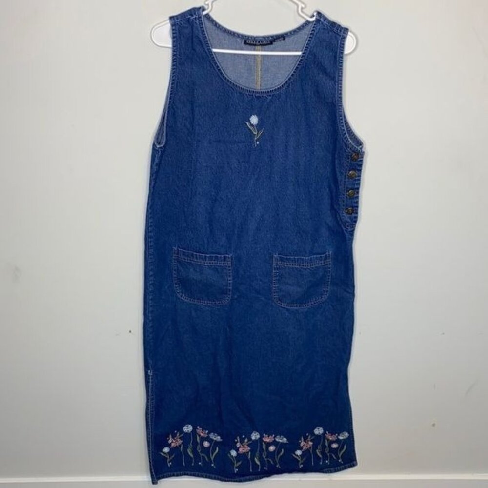 Speed Limit Denim Jean Flower Embroidery Dress: Size Large